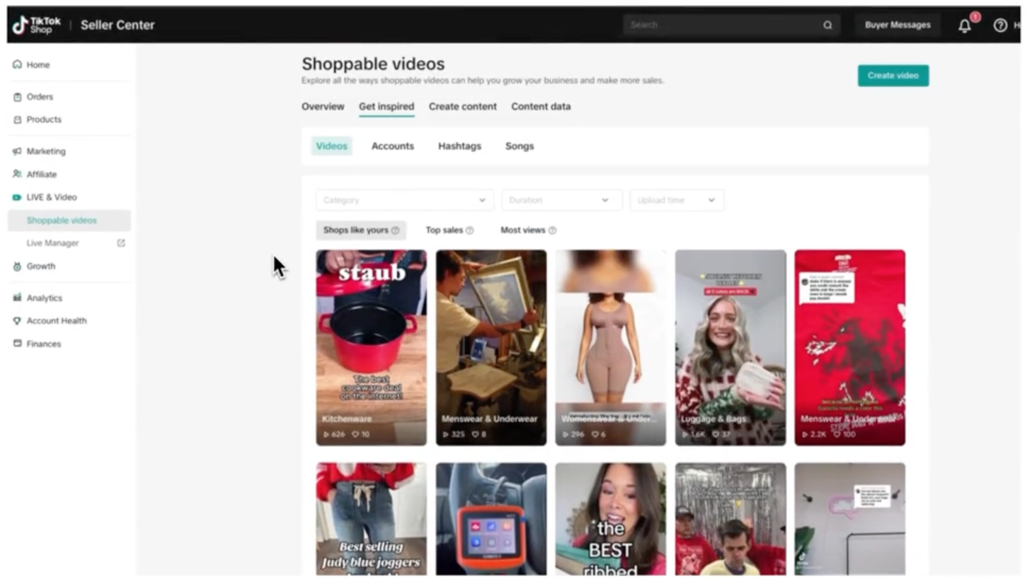 TikTok's Shoppable Video Center displaying the Get Inspired tab