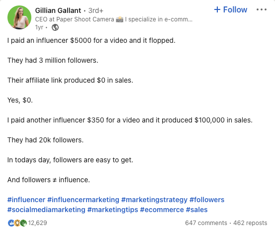 LinkedIn post from Gillian Gallant telling her experience working with macro and micro influencers.