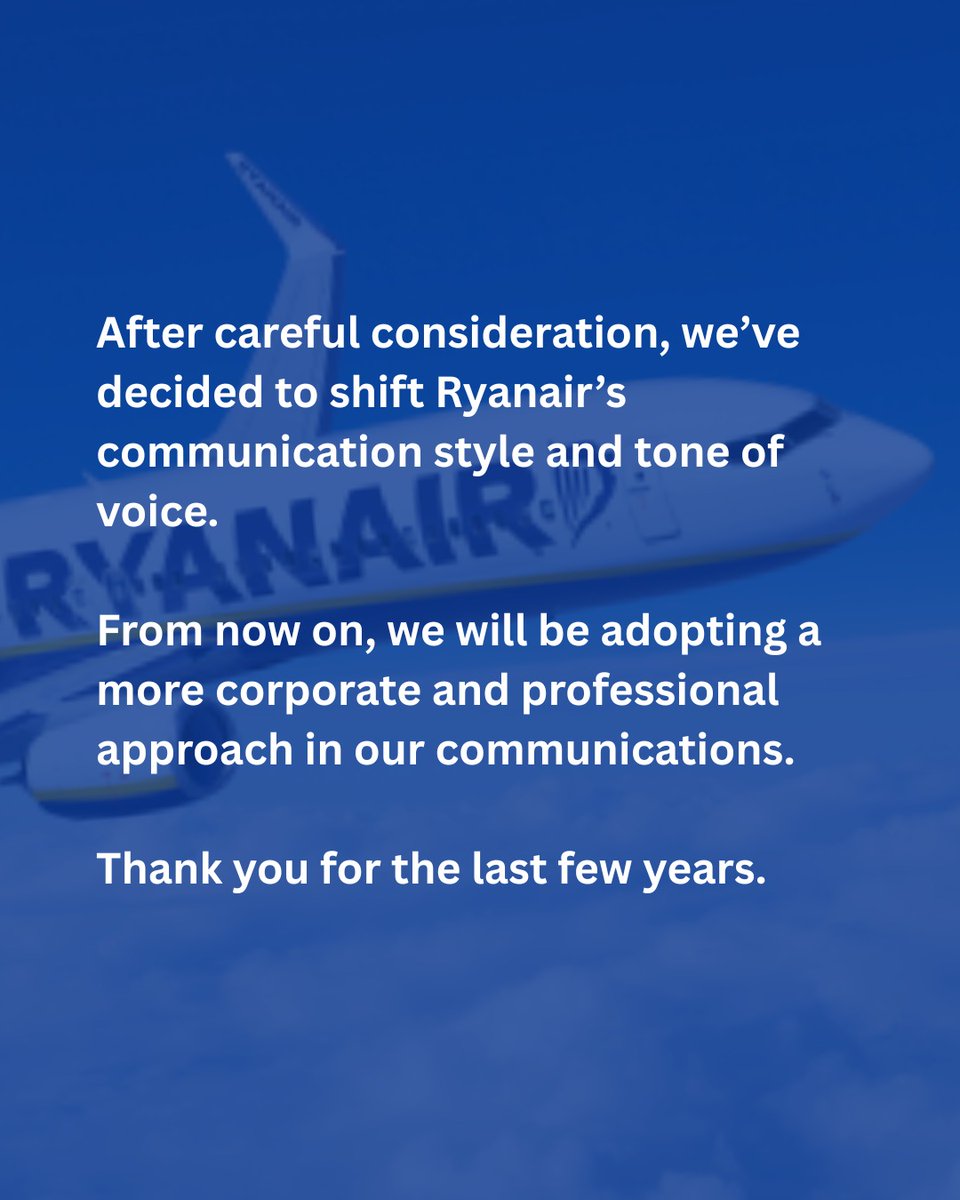 Ryanair's April Fools 2026 announcement declaring a shift to a "more corporate and professional" brand voice