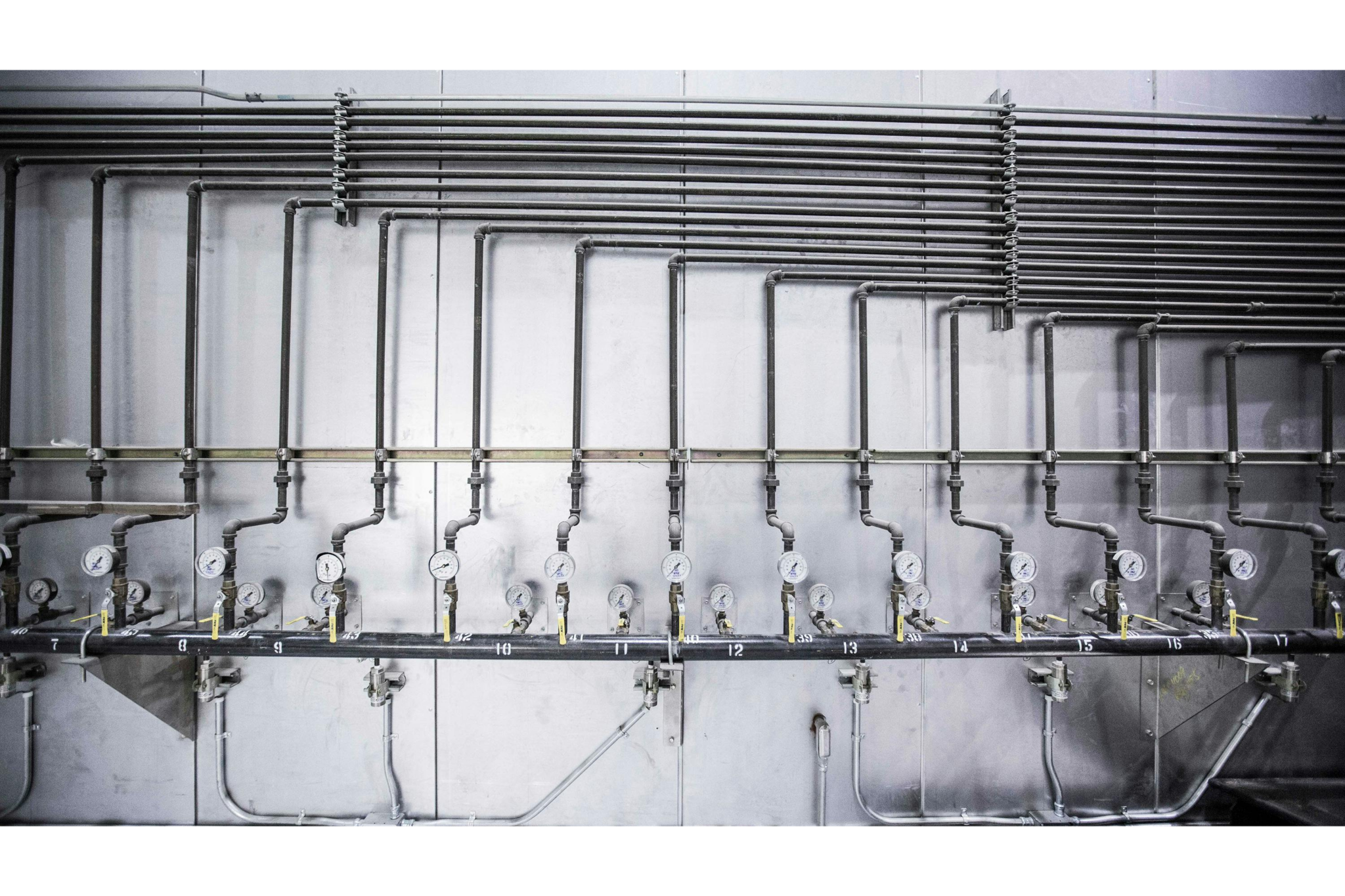 Numbered industrial pipes and pressure gauges branching from a single supply line, illustrating how one UGC asset gets routed across multiple marketing channels.