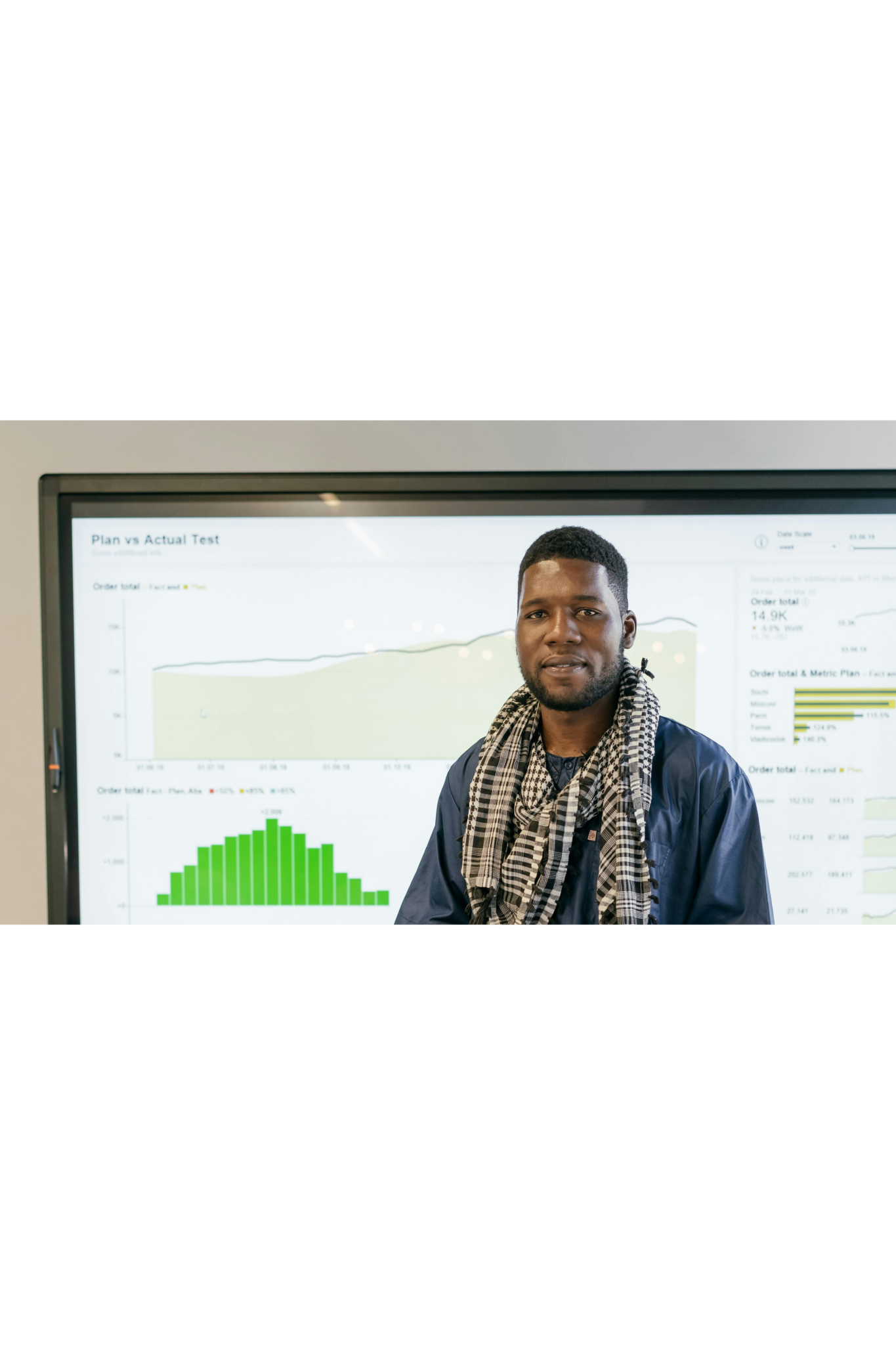 Marketer in front of a large screen showing plan-vs-actual performance dashboards, illustrating influencer ROI measurement across creator campaigns.